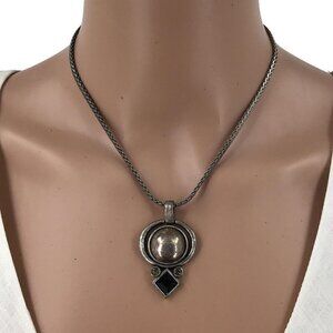 Chicos Pendant Necklace Antique Silver Tone Black Rhinestone Accent Adjustable L